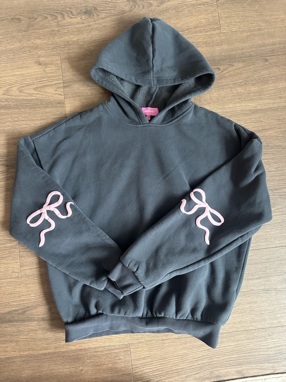 Edikted Charcoal Hoodie with Pink Bow Sleeve Appliqués